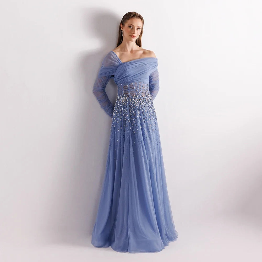 Customized Simple Black Boat Neck Tulle Evening Dress Full Sleeves With Crystal Party Dress A-line Floor Length Prom Gown
