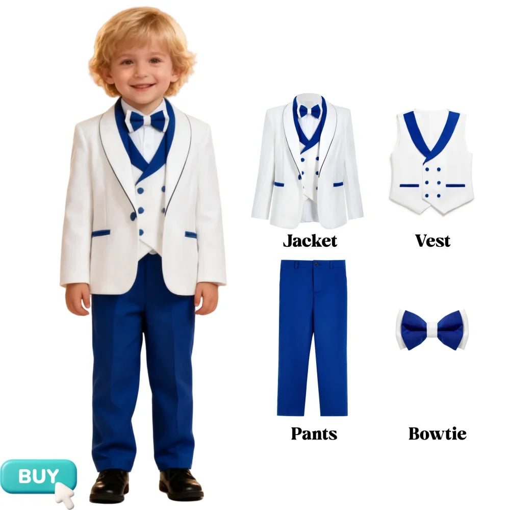 Trendy Suit Set for Kids 3-14 Yrs, 4-Piece Boys Formal Suits Set Including Jacket, Pants, Vest & Bowtie Wedding Guest Tuxedo