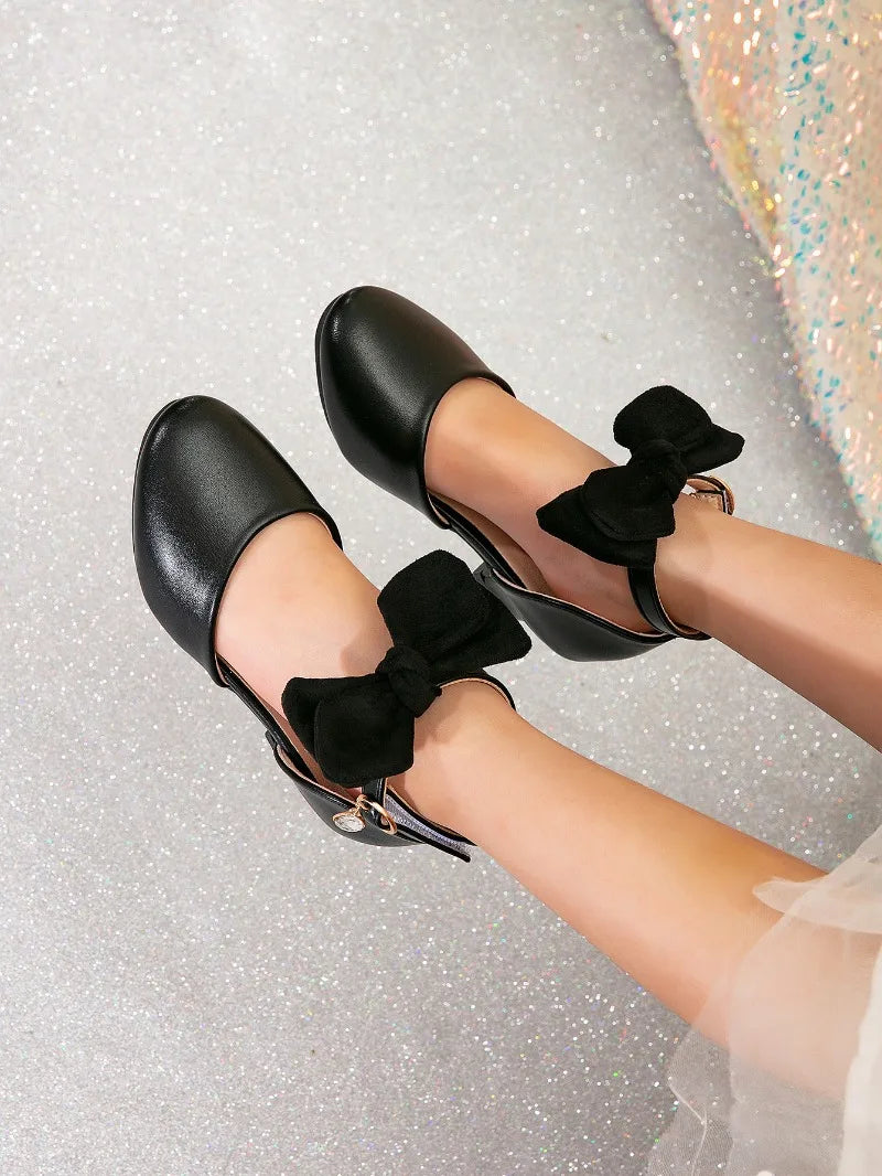 New Children High Heels Ankle-strap Bowknot Girl Princess Dress Sandals Sweet Wedding Party Versatile Kids Fashion Catwalk Shoes
