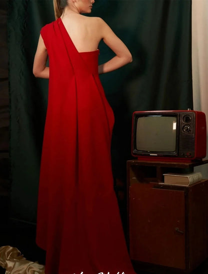 Red One Shoulder Prom Dresses Elegant Spandex Sleeveless Pleats Floor Length Evening Dresses 2025 Wedding Guest Dress Customized