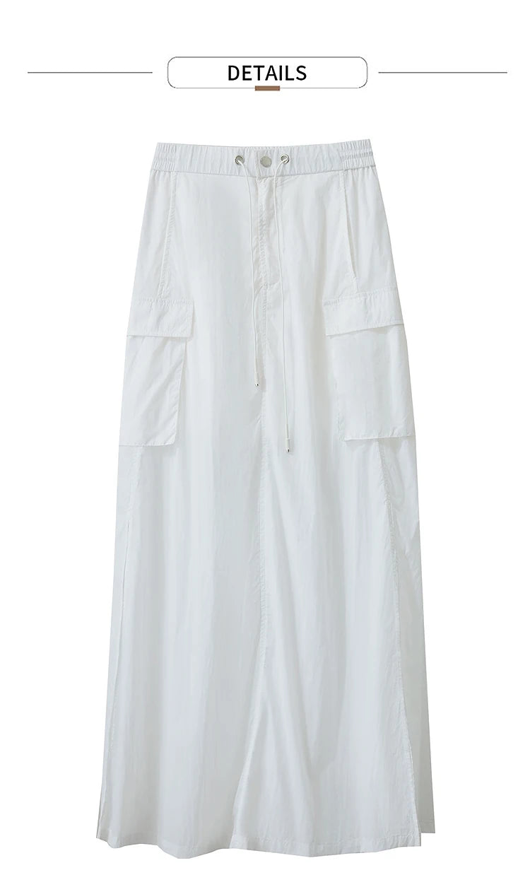 Vacation Long Skirt 2025 Summer Women Loose Sun Protection Office Lady Solid Pockets Elastic Waist Cord Slit Skirt 12542106