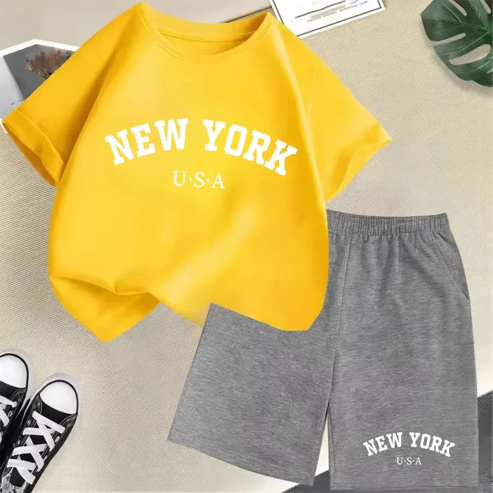 2026 New Kids Boys Girls New York Letter Pattern Cotton T-shirt+Shorts 2-Piece Set Casual Daily
