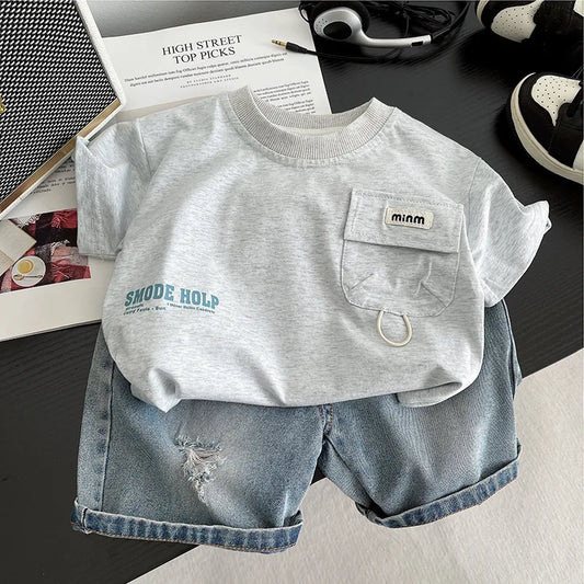 New Summer Fashion Baby Boys Clothes Suit Children Flip Pocket T-shirt Denim Shorts 2Pcs/Set Toddler Clothing Kids Tracksuits