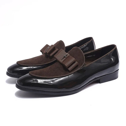 Handmade Men's Genuine Leather Patent Suede Loafers Patchwork Bow Tie Dress Shoes for Wedding Banquet Formal Occasions