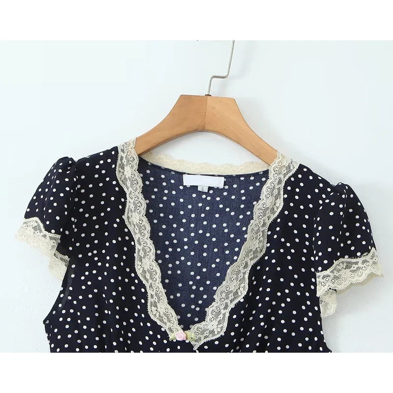 2025 Women Navy Blue Polka Dot Long Dress Lace Trim V Neck Short Sleeve A-line Elegant Holiday Dresses Summe Maxi Robe