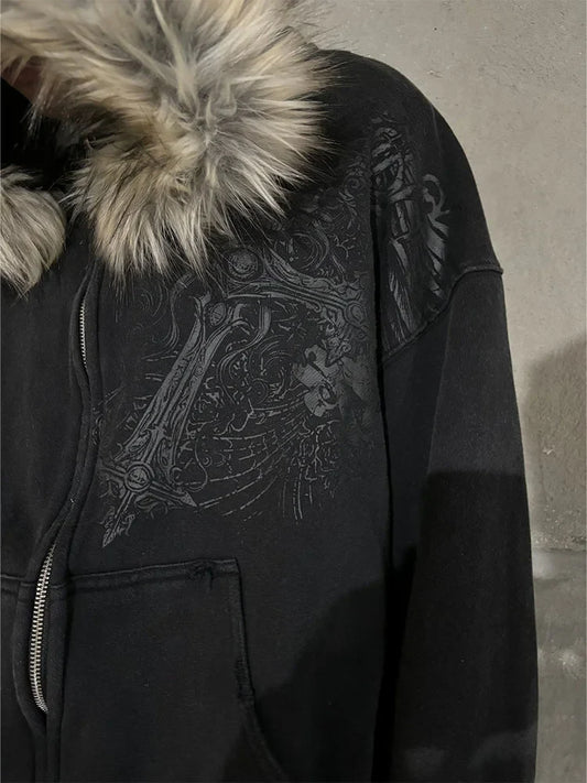 Autumn/Winter Y2k Women Aesthetic Harajuku Faux Fur Collar Hoodies Clothes Graphic Hip Hop Punk Gothic Zip Up Hoodies 2026 new