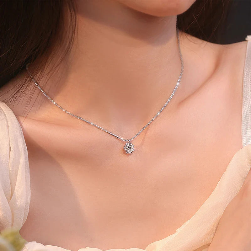Real Moissanite Diamond 6 Prong Pendant Necklace 925 Sterling Silver Sparkling Cauliflower Chain for Women Wedding Fine Jewelry