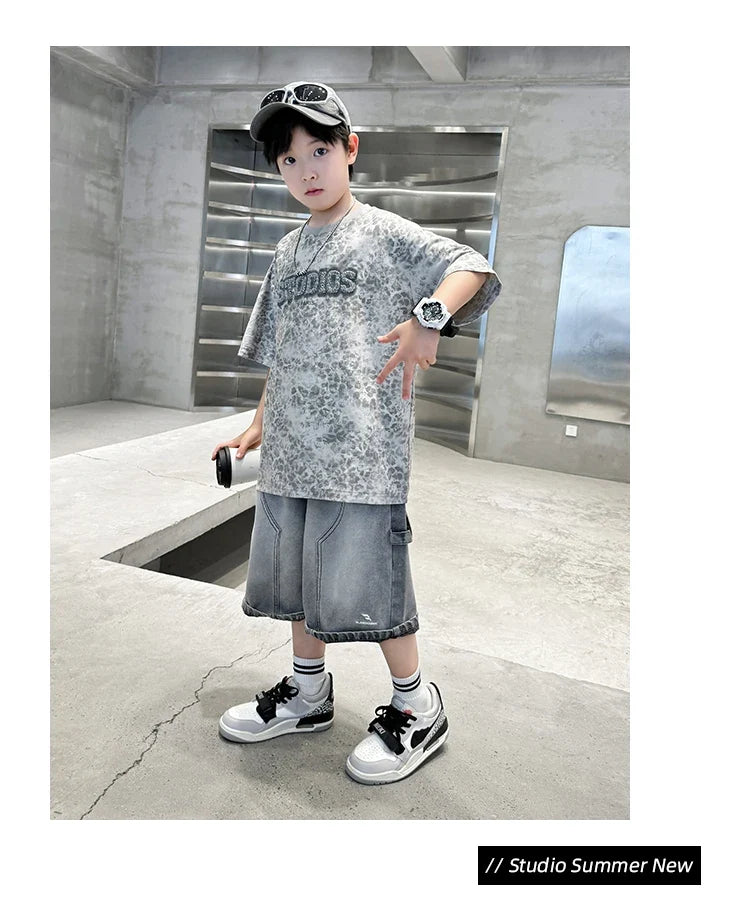 Baby Child Summer Cotton Suit With Shorts for Boy Leopard Print T-shirt + Denim Shorts Top and Bottom Clothes Set For Kids 2-14Y