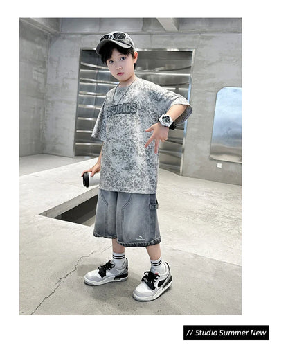 Baby Child Summer Cotton Suit With Shorts for Boy Leopard Print T-shirt + Denim Shorts Top and Bottom Clothes Set For Kids 2-14Y