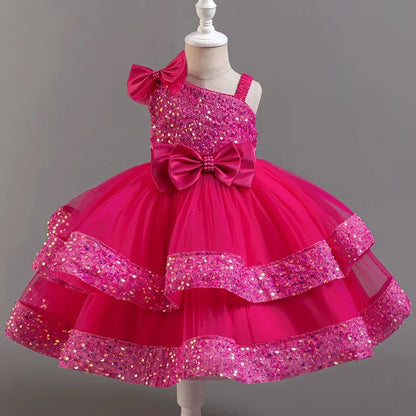 Fashion Birthday Dress Lace Mesh Bow Kids Girls Sequin Dress Summer Children Clothing Princess Ball Gown Pageant 1-6 Years