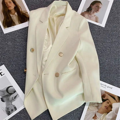 Casual Small Suit Jacket Women Fashion Loose Metal Double-Breasted Blazer Coat Korean Occupation Office Formal Lapel Blazers