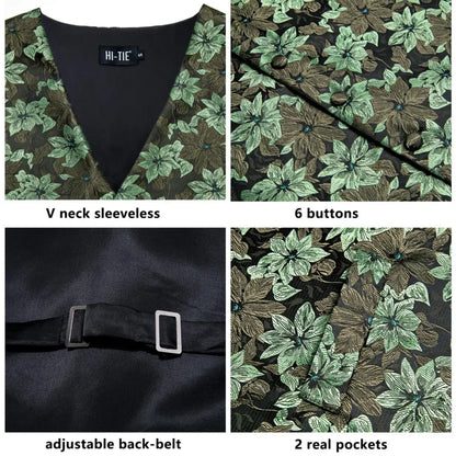 Luxury Mens Vests Black Gold Floral Jacquard Waistcoat Tie Hanky Cufflinks Brooch Set for Men Suit Wedding Office XL