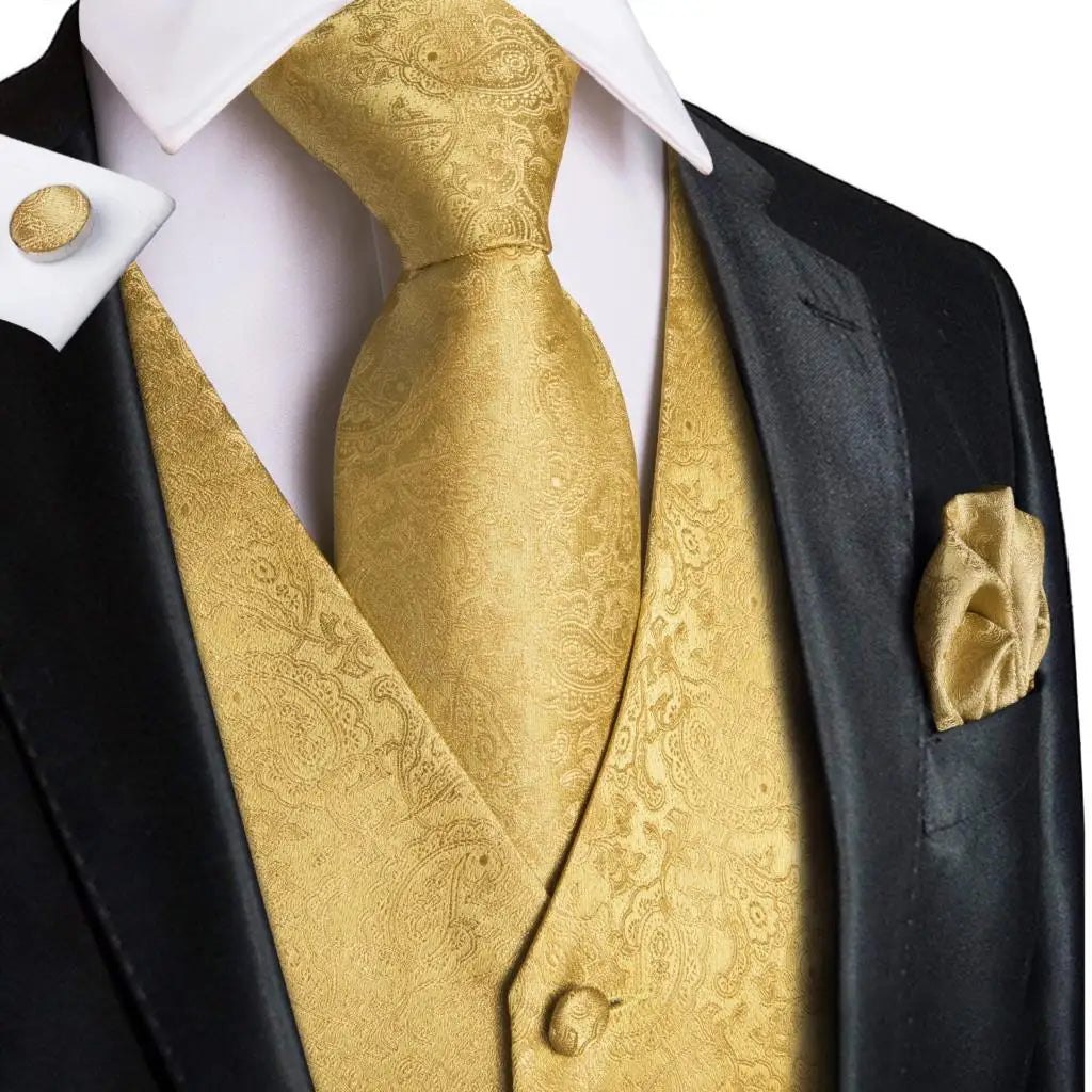 Jacquard Silk Mens Waistcoat Tie Set Sleeveless Jacket Necktie Hanky Cufflinks Suit Gold Blue Black Vest Wedding Business