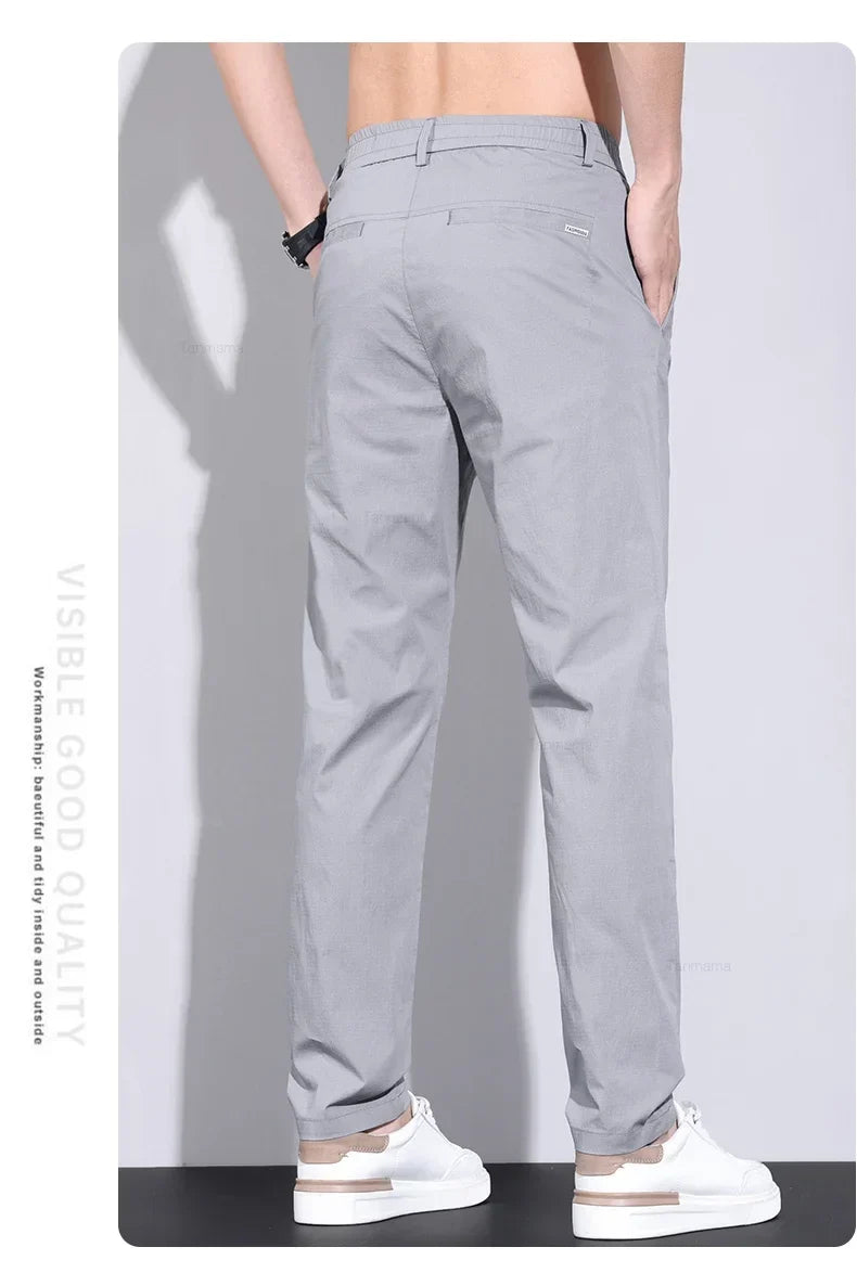 Ultra-thin Elastic Men's Casual Pants 2024 Summer Ice Silk Cotton Fashion Slim Straight Business Trousers Black Gray Khaki
