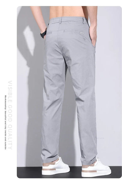 Ultra-thin Elastic Men's Casual Pants 2024 Summer Ice Silk Cotton Fashion Slim Straight Business Trousers Black Gray Khaki