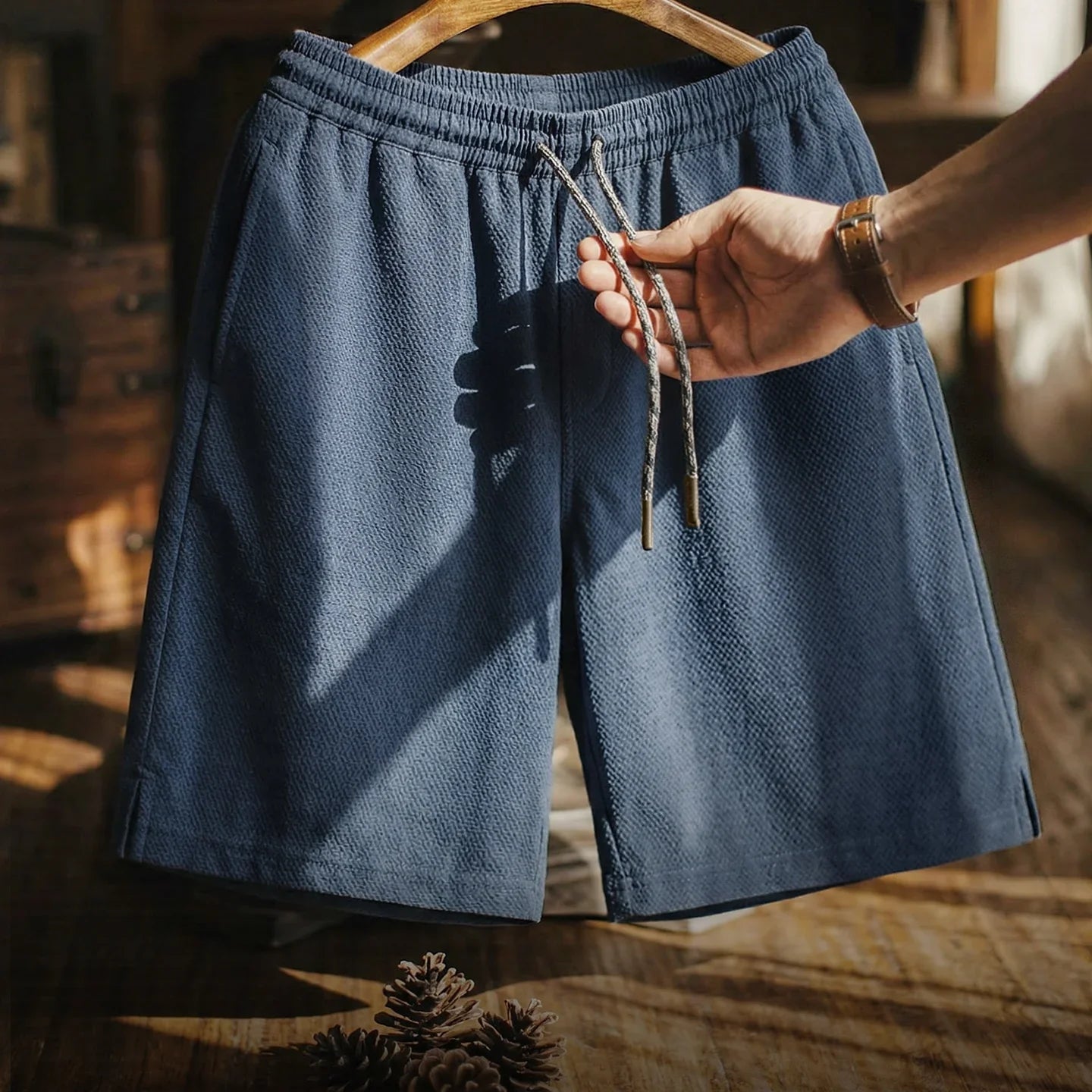 Men's Lightweight Seersucker Solid Shorts Texture Straight Five Inch Thin Breathable American Retro Workwear Casual Summer