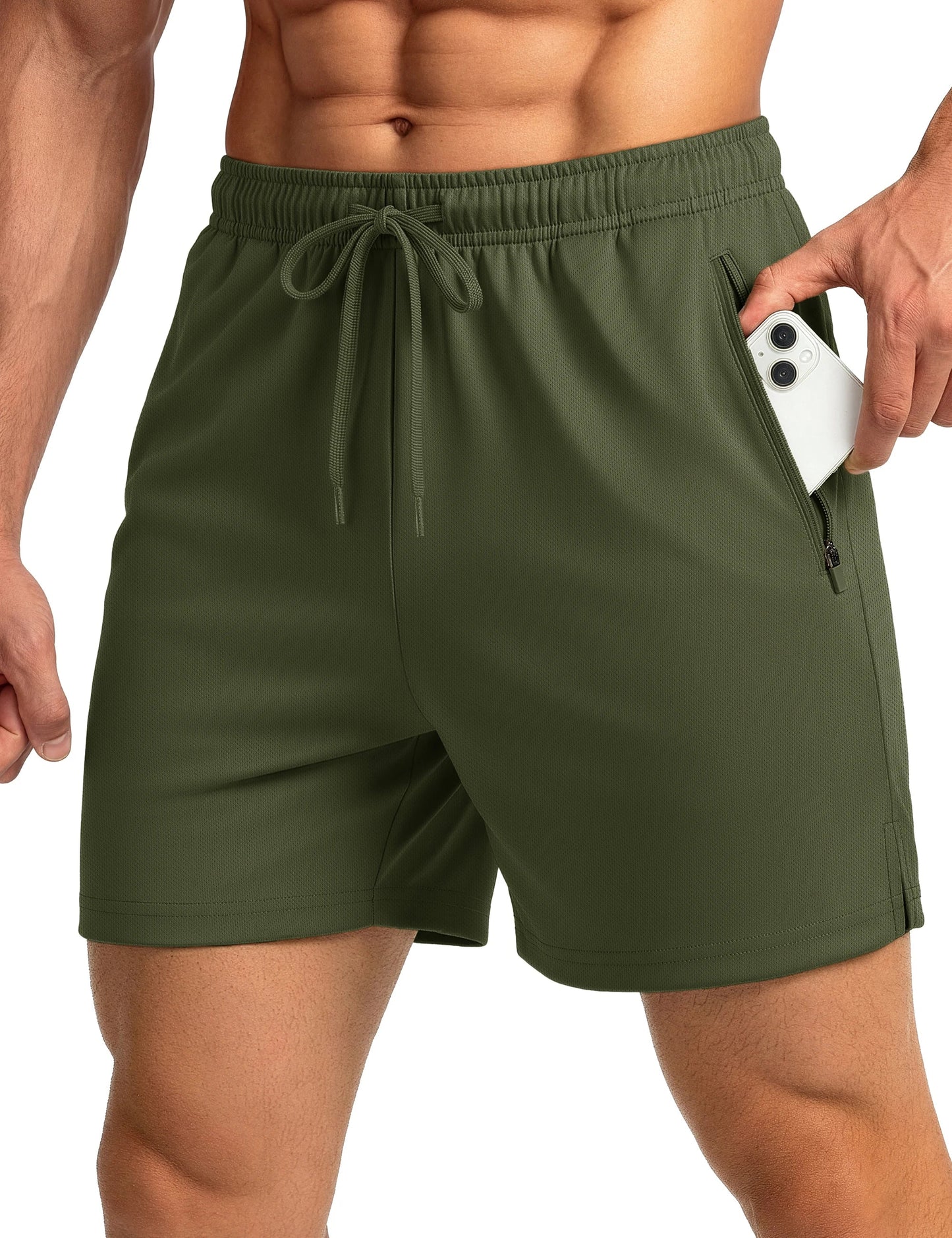 Men's Athletic Running Shorts Mesh Quick Dry Lightweight 5 inches Drawstring Gym Workout Shorts with Zipper Pockets