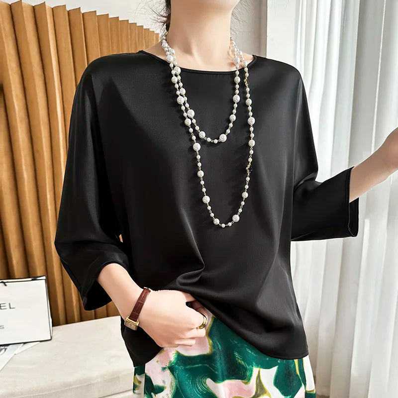 Summer New Short-Sleeved Acetic Acid Satin Round Neck Loose Joker T-Shirt Women's Mid-Sleeve Five-Point Sleeve Jacket Short