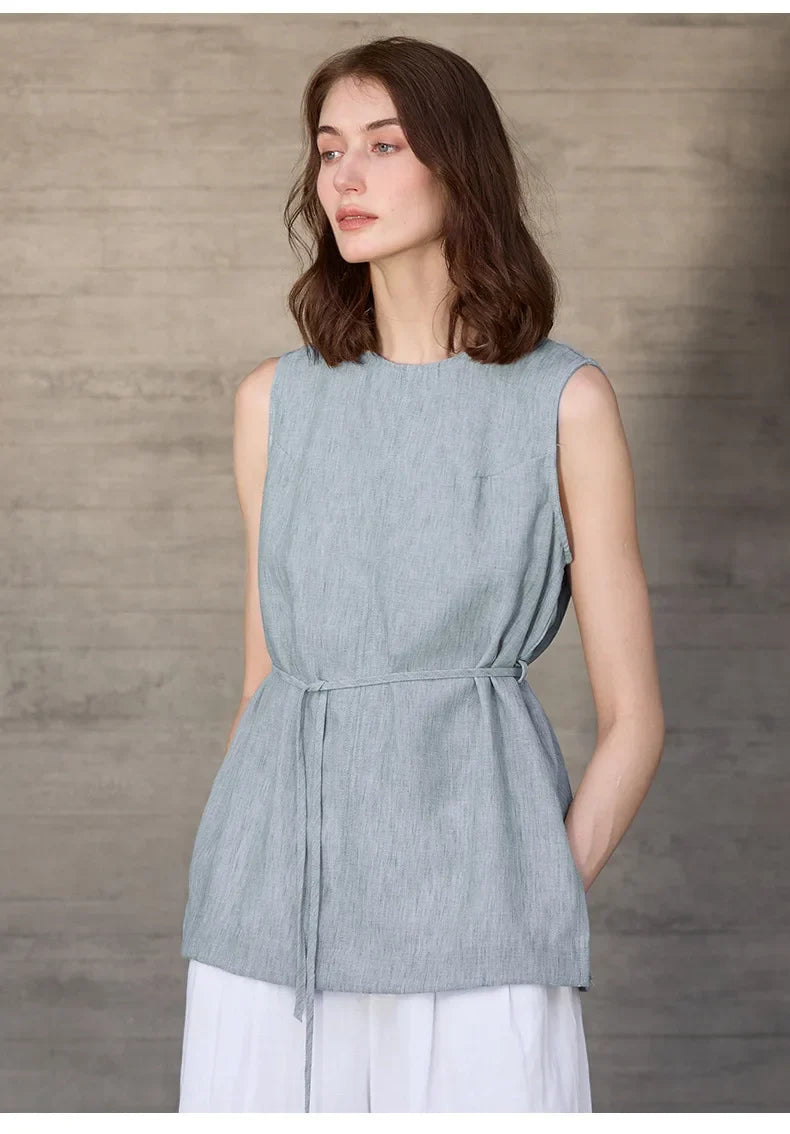 100% Linen Mid-Length Round Neck Women's Tank Top American Vintage Ladies Top Mujer Summer Lace-up Loose Sleeveless Tops