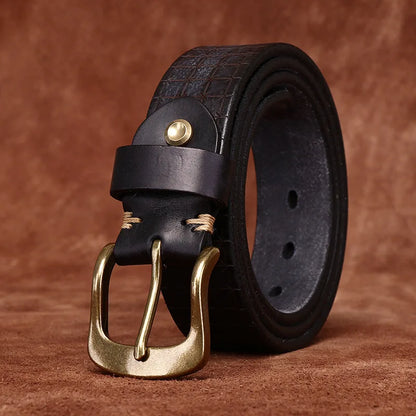 3.8CM High Quality Pure Cowhide Genuine Leather Men's Brass Buckle 5.5mm Thick Belts Retro Jeans Waistband Male Belts for Men
