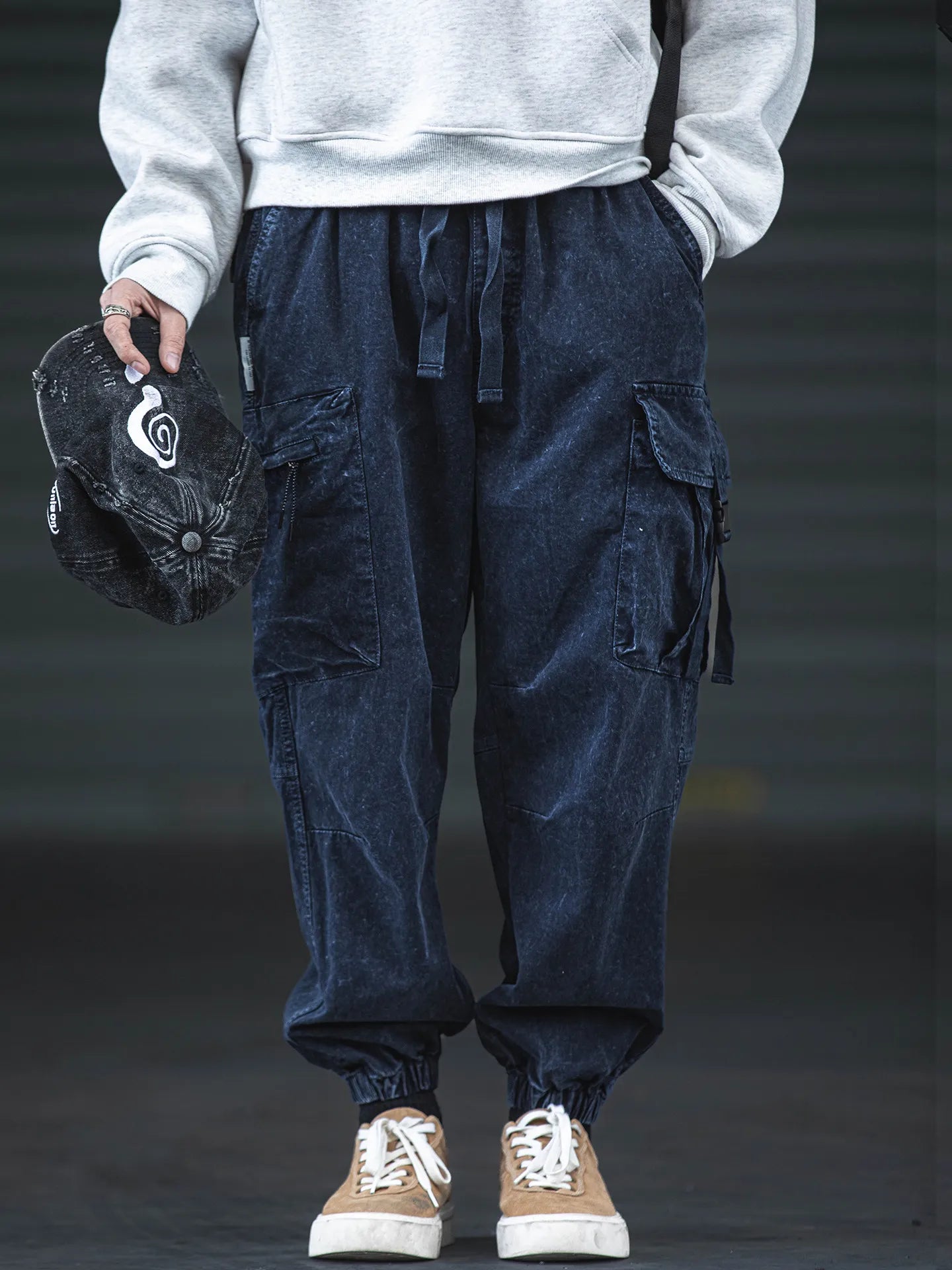 Oversized Baggy Vintage Washed Cargo Pants Men Loose Fit Drawstring Cuffed Retro American Style Streetwear Hip Hop Utility Pants