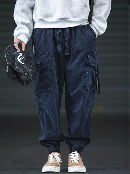 Oversized Baggy Vintage Washed Cargo Pants Men Loose Fit Drawstring Cuffed Retro American Style Streetwear Hip Hop Utility Pants