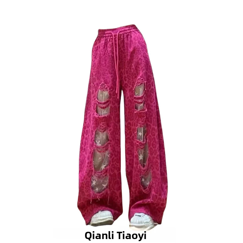 Retro American Lace Leopard Print Patchwork Hole Denim Pants Women Summer New Elastic Waist Wide Leg Slimming Floor-Length Pants