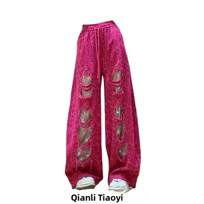Retro American Lace Leopard Print Patchwork Hole Denim Pants Women Summer New Elastic Waist Wide Leg Slimming Floor-Length Pants