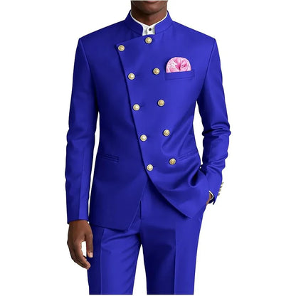 Men's Chinese Style Suit 2 Piece Brown Mandarin Collar Double Breasted With Gold Buttons Formal Jacket Pants For Business Weddin