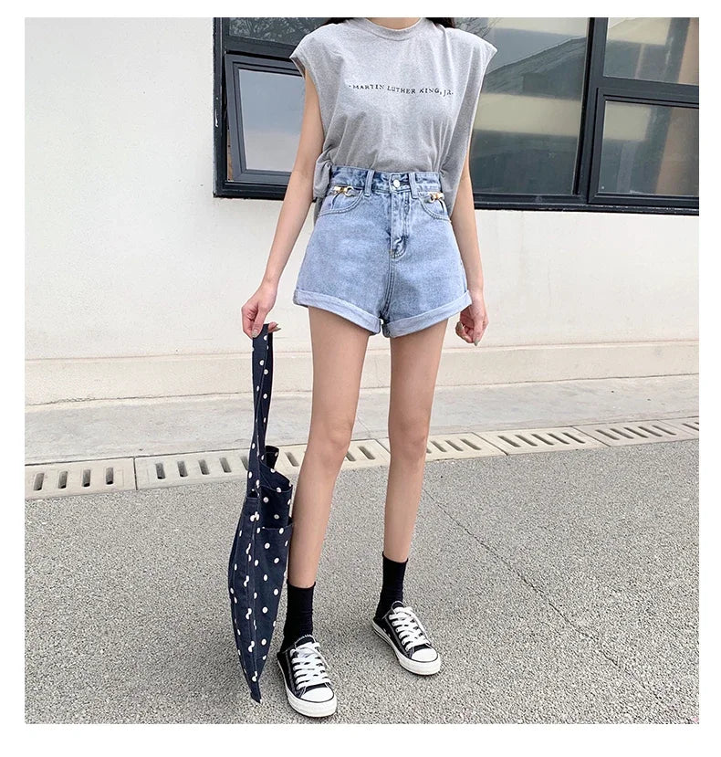 Summer 2024 Denim Shorts Women High Waisted Wide Leg Loose Crimping Blue Jeans Sequined Jean Shorts Female