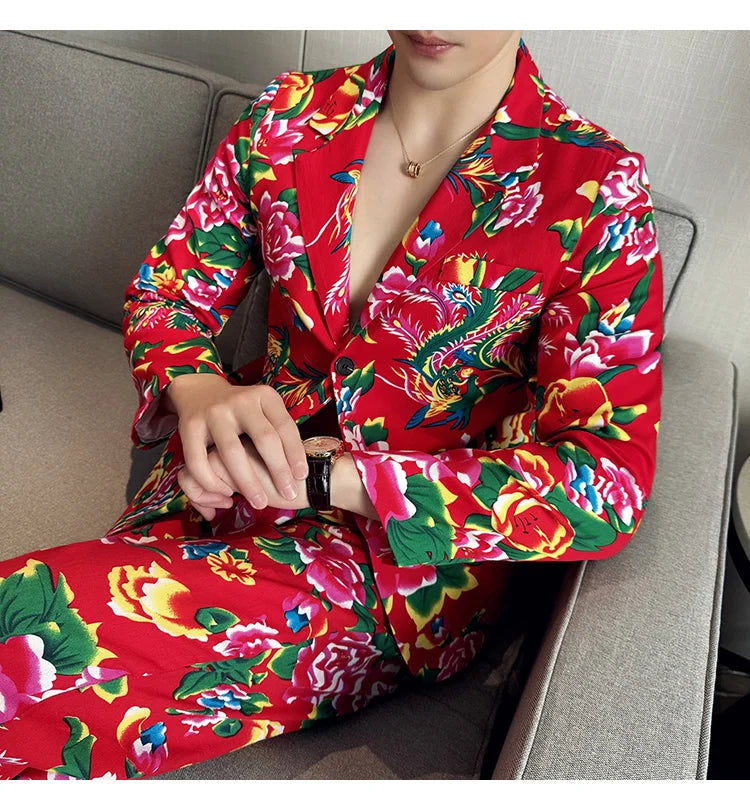 2026 Thin Men's Black Printed Suit Jacket, Asian Size V-Neck Single Button Blazer, Red Nostalgic Style Long Sleeve Cotton Coat.