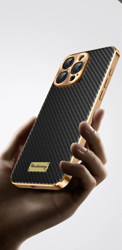 Luxury Plating Leather Carbon Fiber Texture Phone Case For iPhone 17 16 15 14 13 Pro Max Plus 17Air Alloy Lens Shockproof Cover