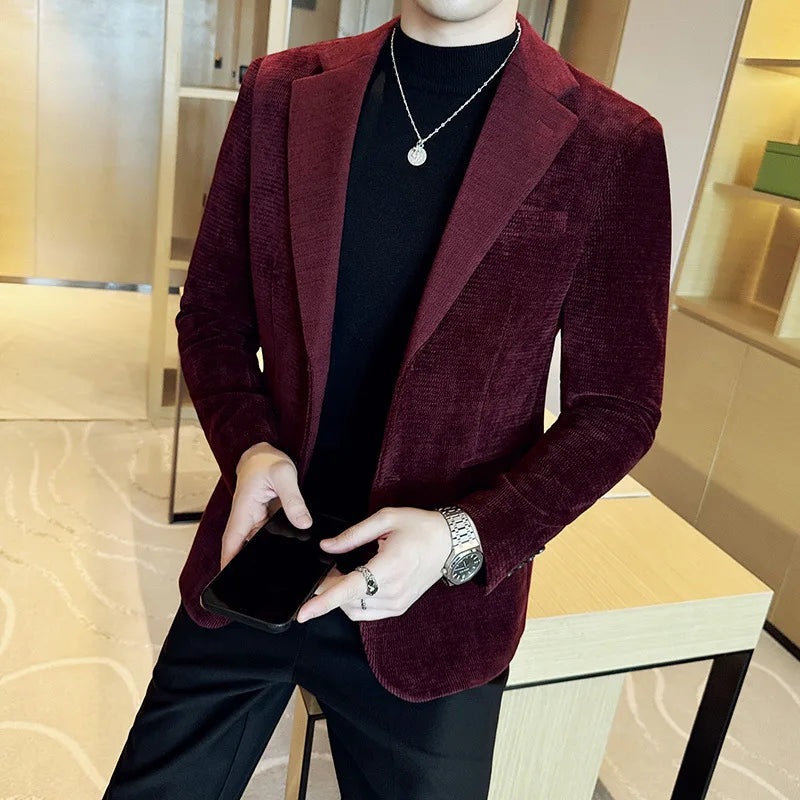 Autumn Winter Fashion Seaweed Pattern Suit Jacket High Quality Luxury Slim Fit Casual Men's Blazers Coats Social Prom Tuxedo