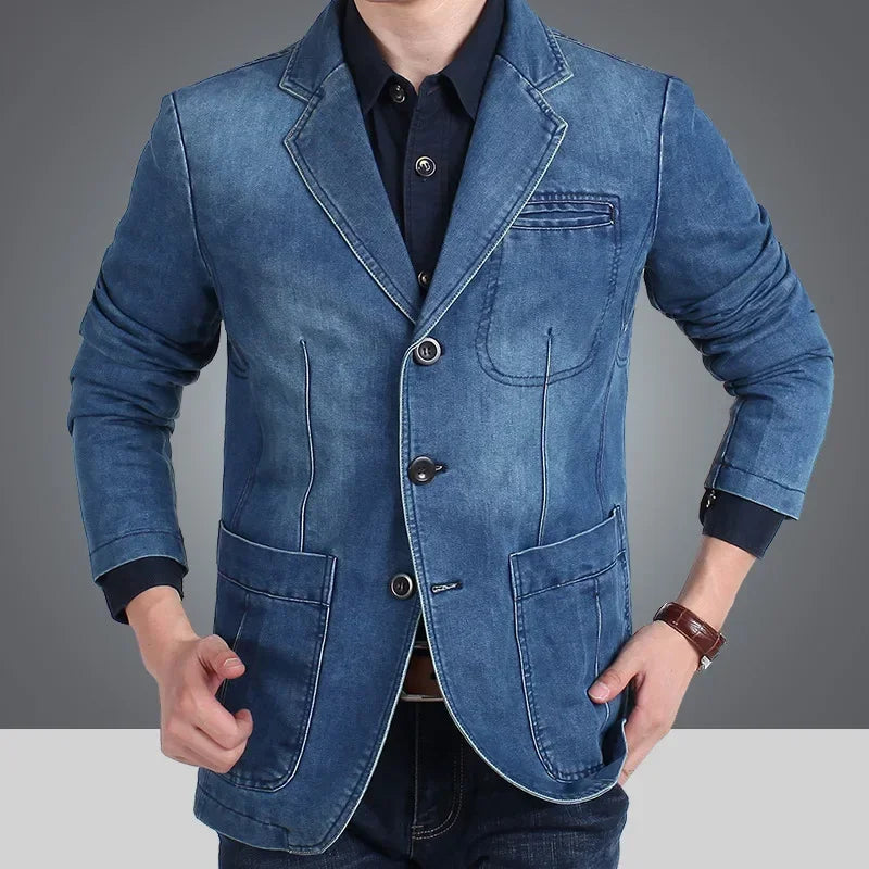 Blazer Men's Fashion Gentleman Business Retro Versatile Trendy Wedding Professional Casual Solid-color Host Cotton Denim Blazer