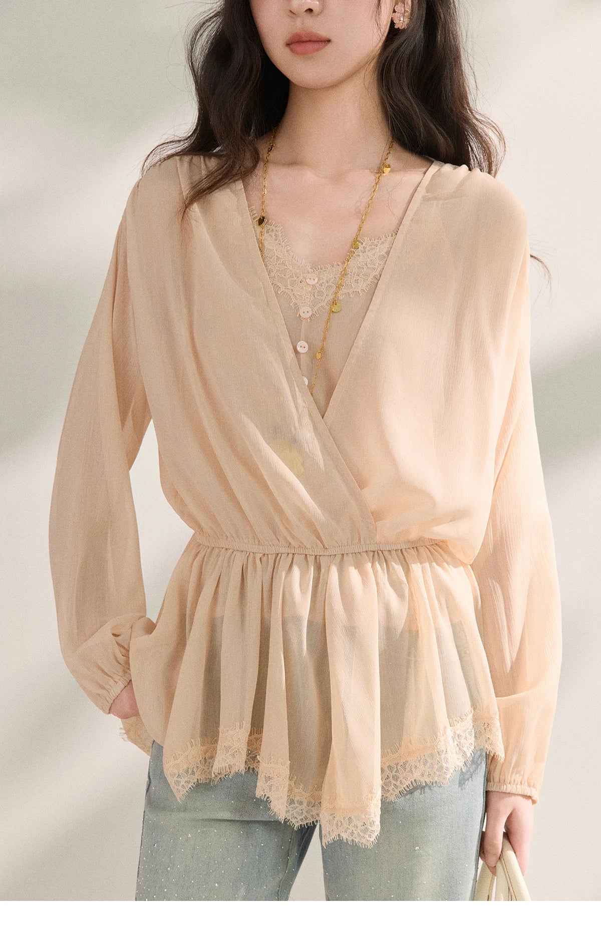 Women's French Style Beige Sheer Chiffon Blouse V Neck Lace Trim Elastic Waist Peplum Top For Spring Summer MXF16T1588