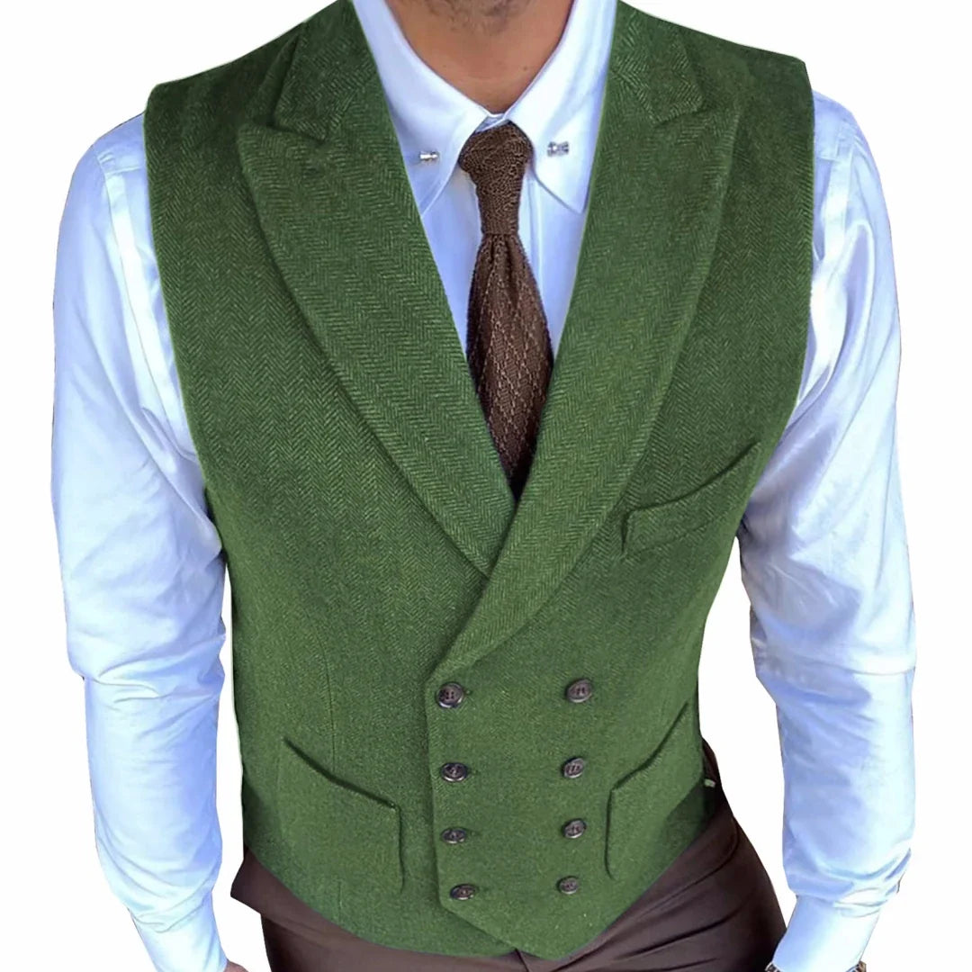 Men Vest Gray Herringbone Solid With Lapel Double Button Waistcoats For Wedding Banquet Business Office Work Men Suit Vest