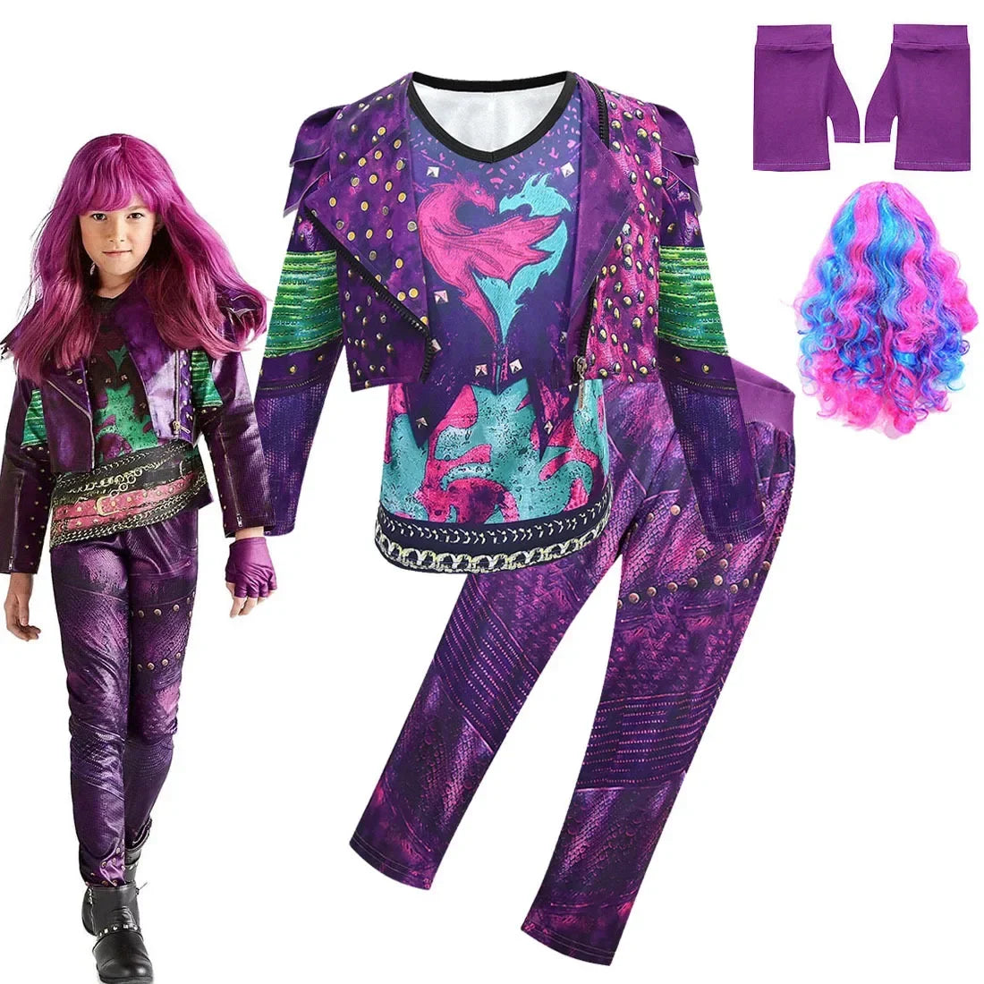 Girls Evie Mal Cosplay Costume D-Descendants 3 Kids Christmas Halloween Clothing Uniform + Wig Sets Children Party Birthday Gift