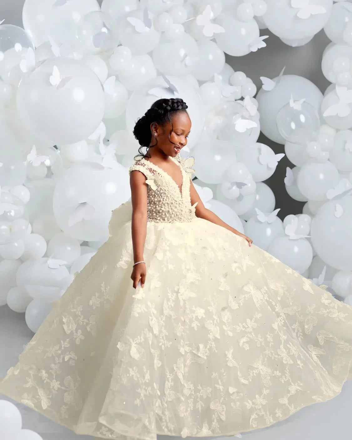 White Flower Girl Dresses for Wedding Butterfly Appliques Pearl Floor Length Girl Kids Birthday Party First Holy Communion Gown