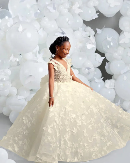White Flower Girl Dresses for Wedding Butterfly Appliques Pearl Floor Length Girl Kids Birthday Party First Holy Communion Gown