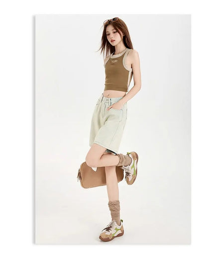 Women's High Waist Wide Leg  Y2K American Retro Washed Five-Point Denim Shorts Summer Loose Slim Straight Cut Mid-Length Pants