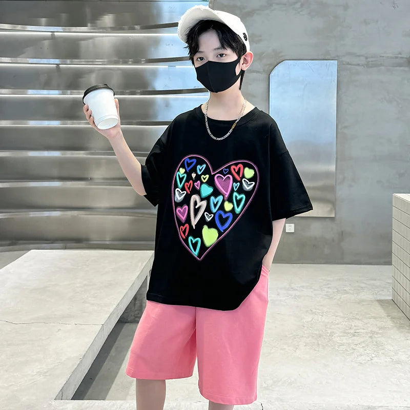 Summer Boys Suit Heart-Shaped Children Clothes Set for Kids Teenagers Casual Cotton T-shirt And Shorts 2 Pieces Tracksuit Child