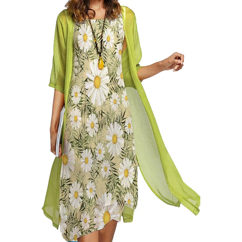 2025 new! Eu-us Summer Women's casual elegance 2 printed crew-neck loose dress sweater coat set