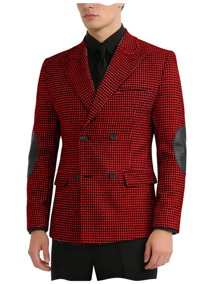 Men's Vintage Houndstooth Blazer Notch Lapel Leather Elbow Patches Slim Fit Jacket Business Casual Sport Coat For Spring Autumn