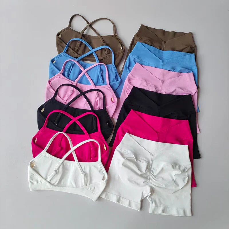 2PCS Women's High Waist Seamless Yoga Gym Set Sports Bra Top with Scrunch Shorts Fitness Workout Sportswear