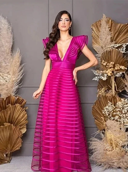 A Line Fuchsia Formal Dresses Pleat Sleeveless Prom Gown for Woman Deep V Neck Wedding Party Dress robe de bal Customized