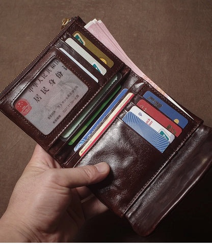 Vintage Genuine Leather Trifold Wallet for Men Women Zipper Coin Purse Driver License ID Credit Card Luxury Cowhide Wallet