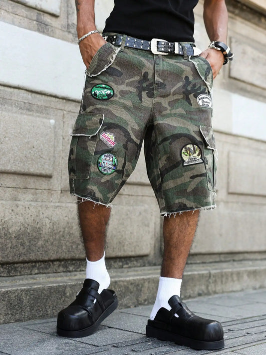 Men's Summer Denim Shorts. Camouflage-Colored Workwear Patch Denim Shorts. Street Fashion. Retro Hip-Hop Casual Style