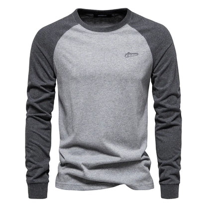 T-shirts 100% Cotton Long Sleeve O-neck Pactwork Casual T shirts for Men New Spring Designer Tees Men Clothing