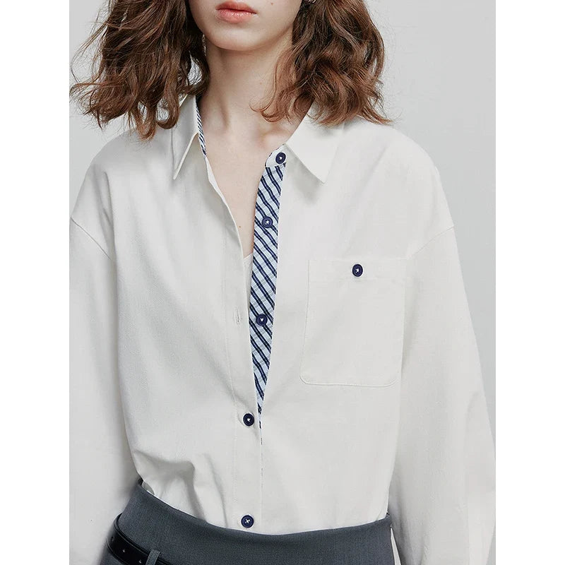 Women Striped shirt, spring 2025 new cavalry diagonal collar spliced pure cotton shirt