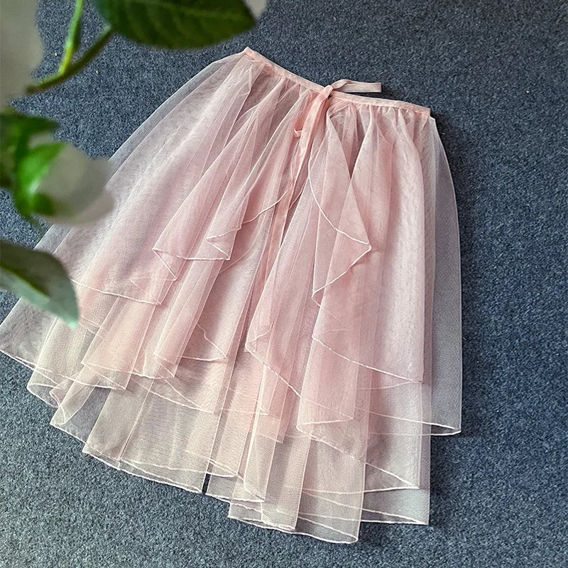 Sweet Lolita Asymmetrical Sheer Mesh Cover Up Curtain OP JSK Skirt Women Japanese Kawaii Elegant Double Layered Party Skirts
